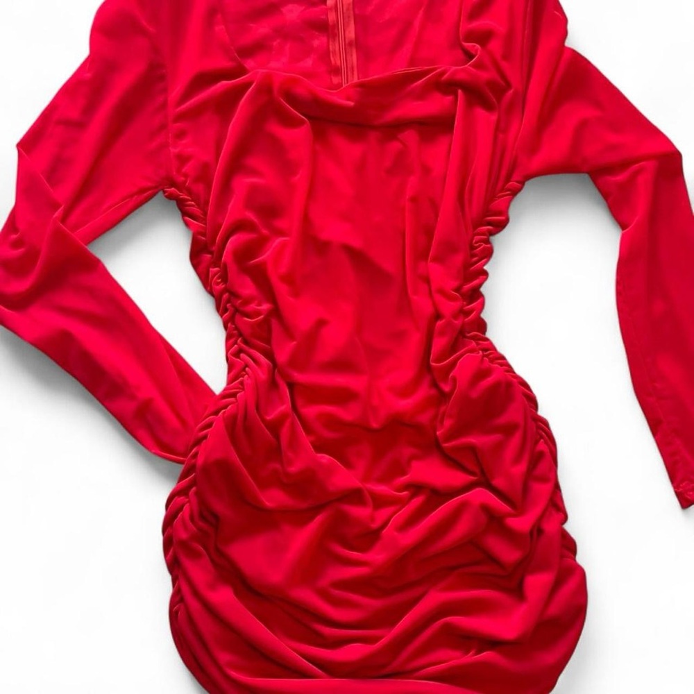 Ruched Long Sleeve Red Dress with sheer sleeves